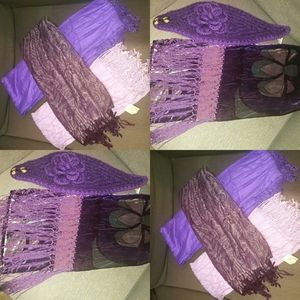 💲🖐🏾/3 PURPLE PASMENA SCARVES, PURPLE WINTER FRINGE SCARF & KNIT HEADBAND OS